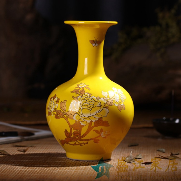 陶瓷器粉彩描金黃釉花瓶景德鎮傢居裝飾陶瓷擺件擺設復古瓶子批發工廠,批發,進口,代購