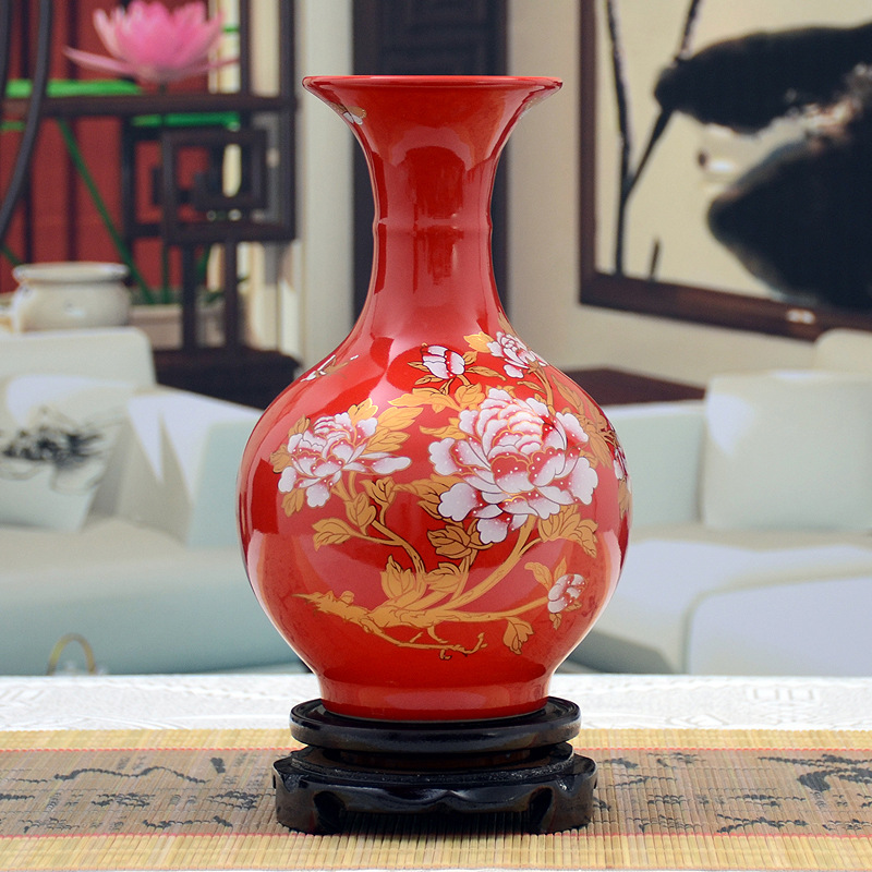 廠傢直銷景德鎮陶瓷器小號中國紅瓷牡丹花瓶工藝品擺件裝飾品H016工廠,批發,進口,代購