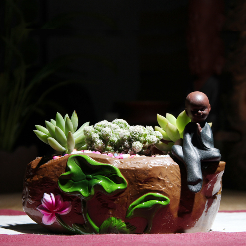 陶瓷創意紫砂花盆 可愛簡約禪意彩砂小和尚多肉植物園藝花盆包郵批發・進口・工廠・代買・代購