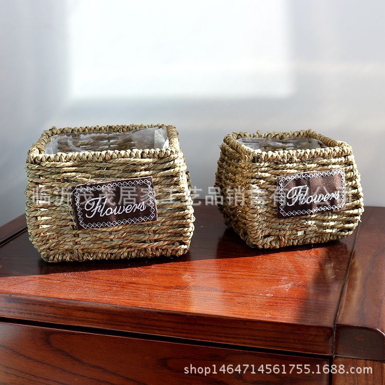草編多肉植物花盆桌麵陽臺裝飾品擺件插畫花器梳妝臺雜物筐收納盒工廠,批發,進口,代購