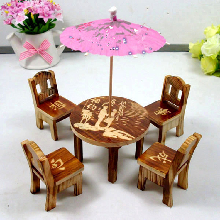 圓桌帶傘袖珍桌凳小桌椅組合木製模型兒童益智玩具小擺件創意可愛工廠,批發,進口,代購