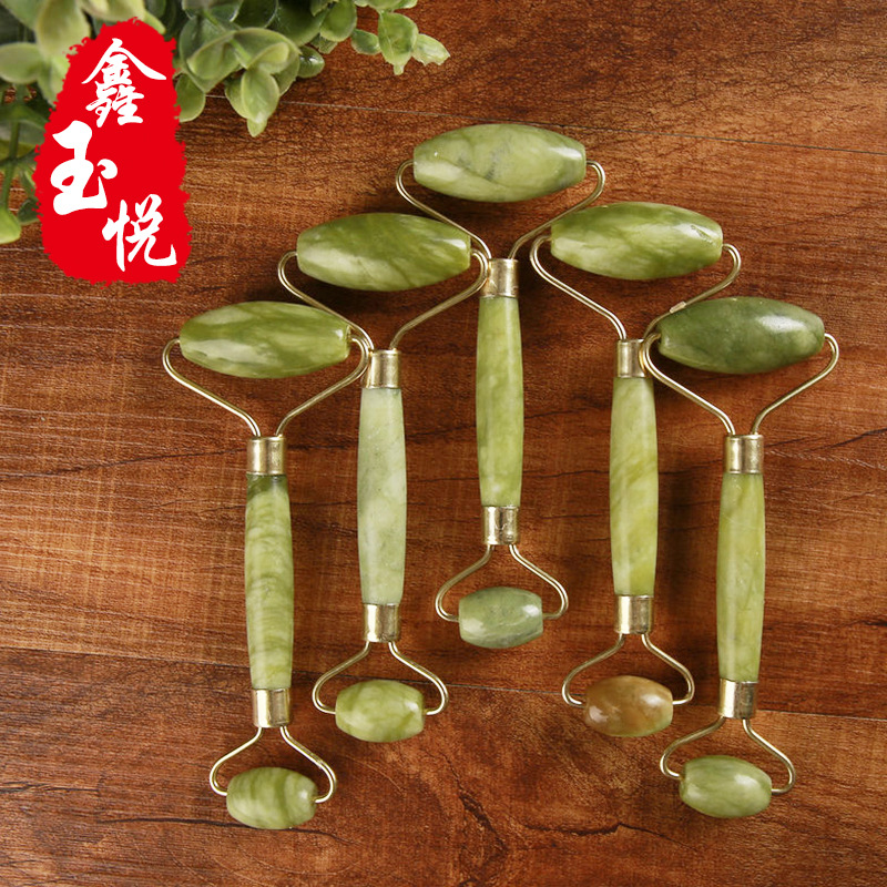 雙頭綠色玉石滾輪推臉器 岫巖玉石滾輪美容器 岫玉按摩輪廠傢批發工廠,批發,進口,代購