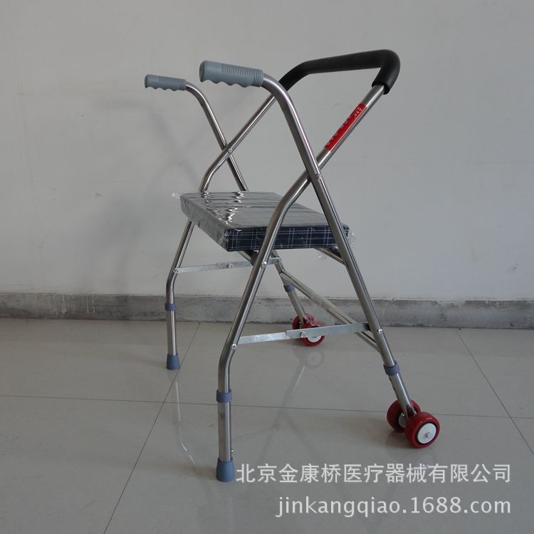 不銹鋼老年人四腳折疊拐杖凳殘疾人帶輪帶座椅子手推學步車助行器工廠,批發,進口,代購